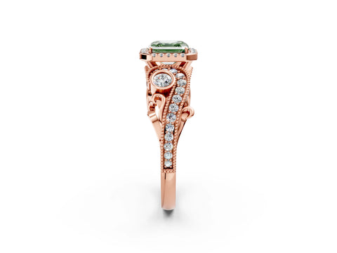 Rose gold Fancy Green Asscher Cut Halo Diamond Ring with Milgrain and Bezel Accents on a Split Shank Band_2