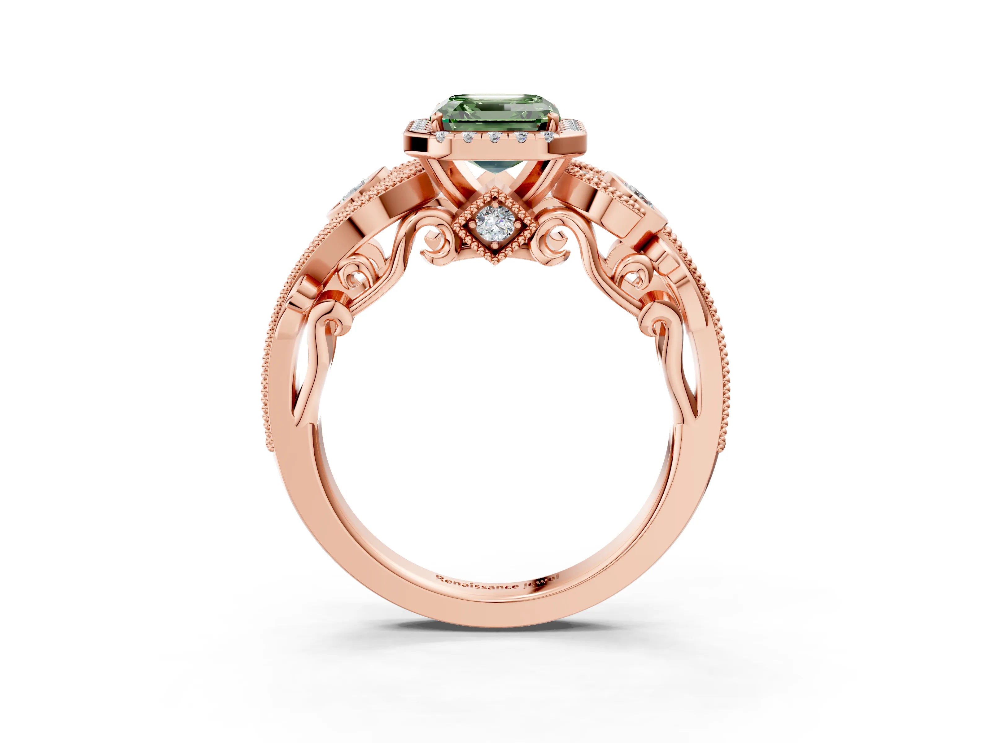 Rose gold Fancy Green Asscher Cut Halo Diamond Ring with Milgrain and Bezel Accents on a Split Shank Band_3