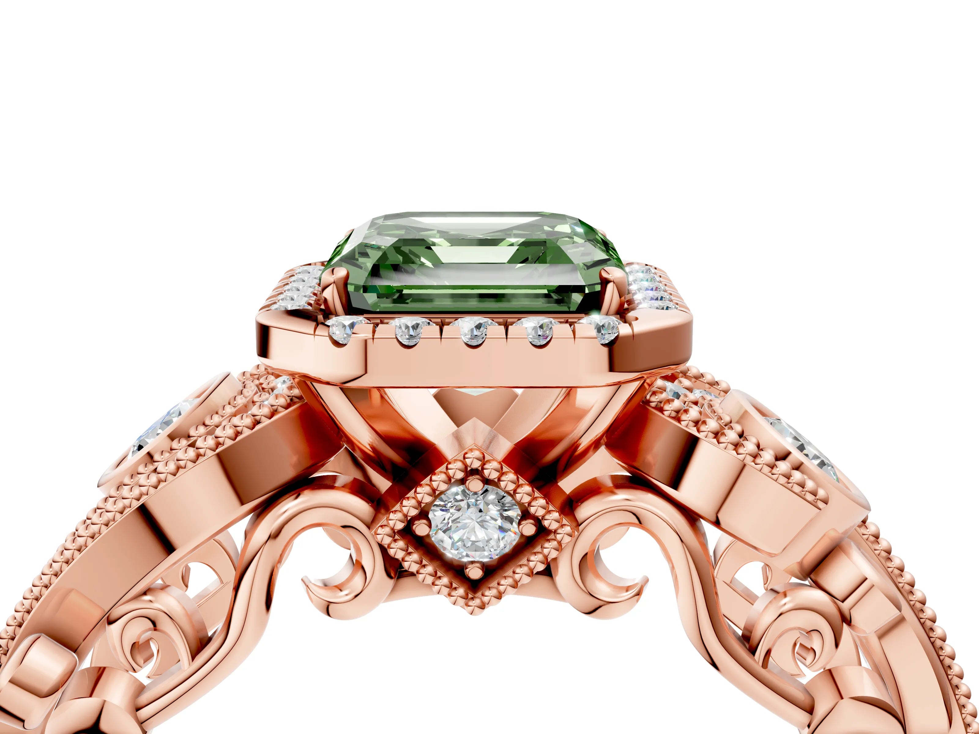 Rose gold Fancy Green Asscher Cut Halo Diamond Ring with Milgrain and Bezel Accents on a Split Shank Band_4