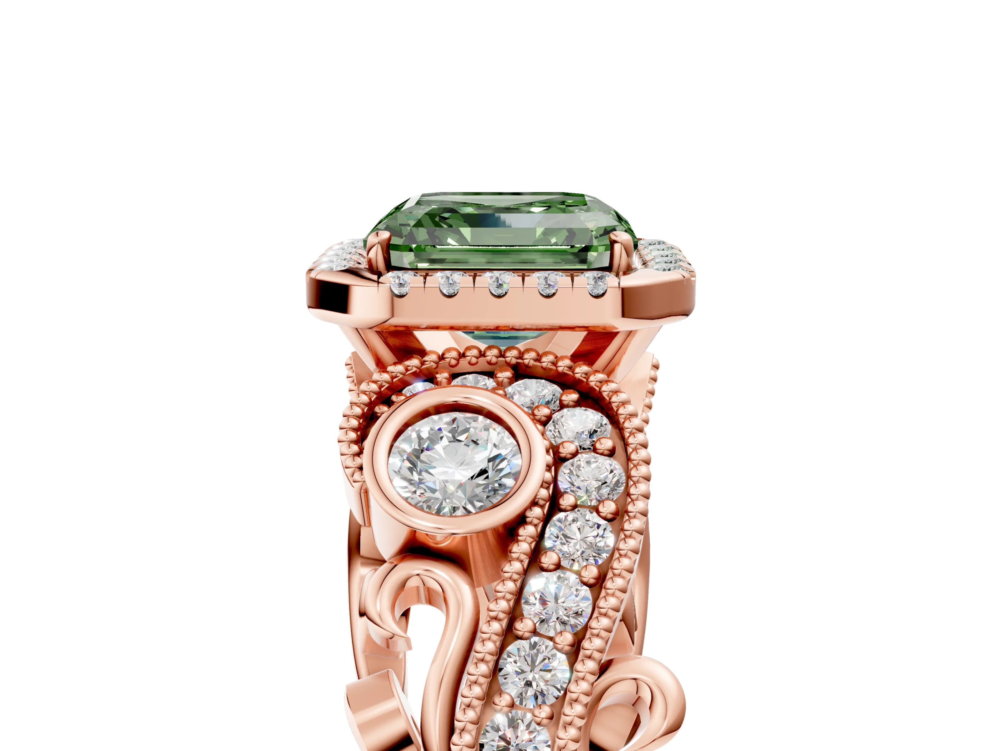 Rose gold Fancy Green Asscher Cut Halo Diamond Ring with Milgrain and Bezel Accents on a Split Shank Band_5