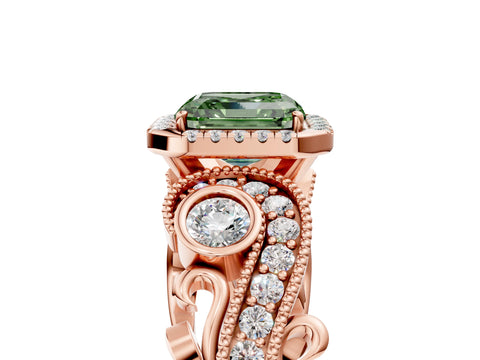 Rose gold Fancy Green Asscher Cut Halo Diamond Ring with Milgrain and Bezel Accents on a Split Shank Band_5