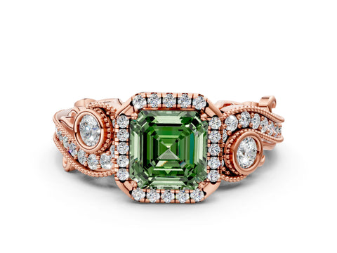 Rose gold Fancy Green Asscher Cut Halo Diamond Ring with Milgrain and Bezel Accents on a Split Shank Band
