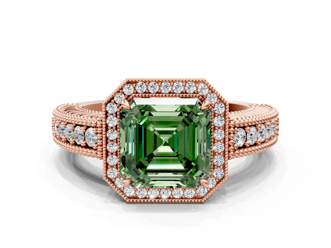 Rose gold Fancy Green Asscher  Cut Halo Diamond Ring with Pavé Band and Four-Prong Setting_28