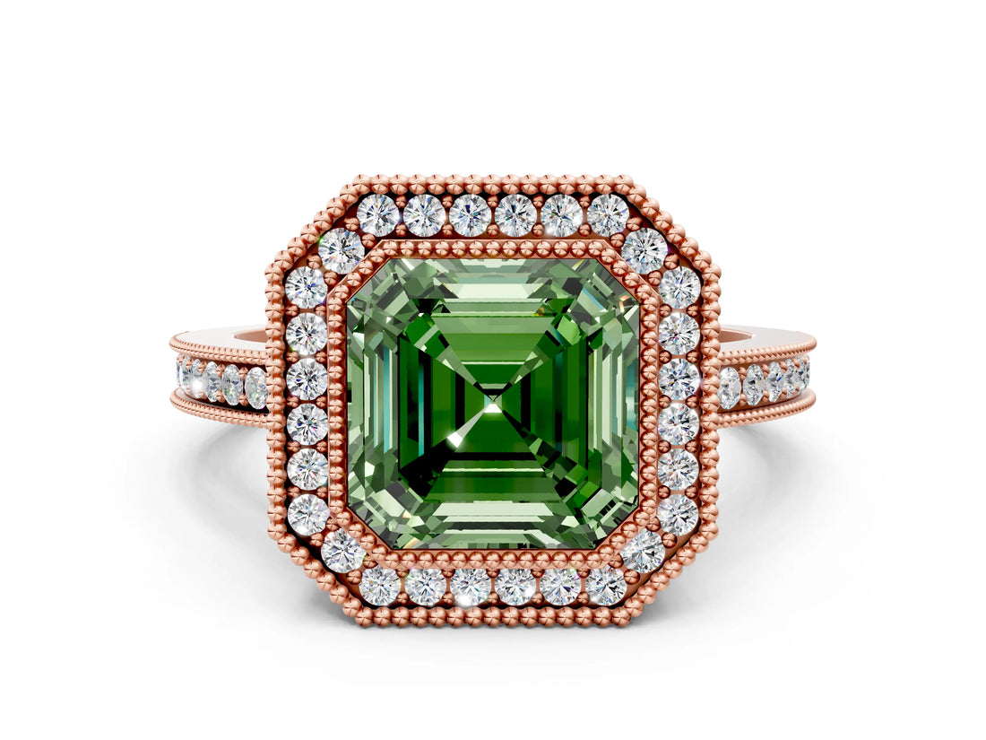 Rose gold Fancy Green Asscher  Cut Halo Diamond Ring with Pavé Band and Milgrain Prong Setting_48
