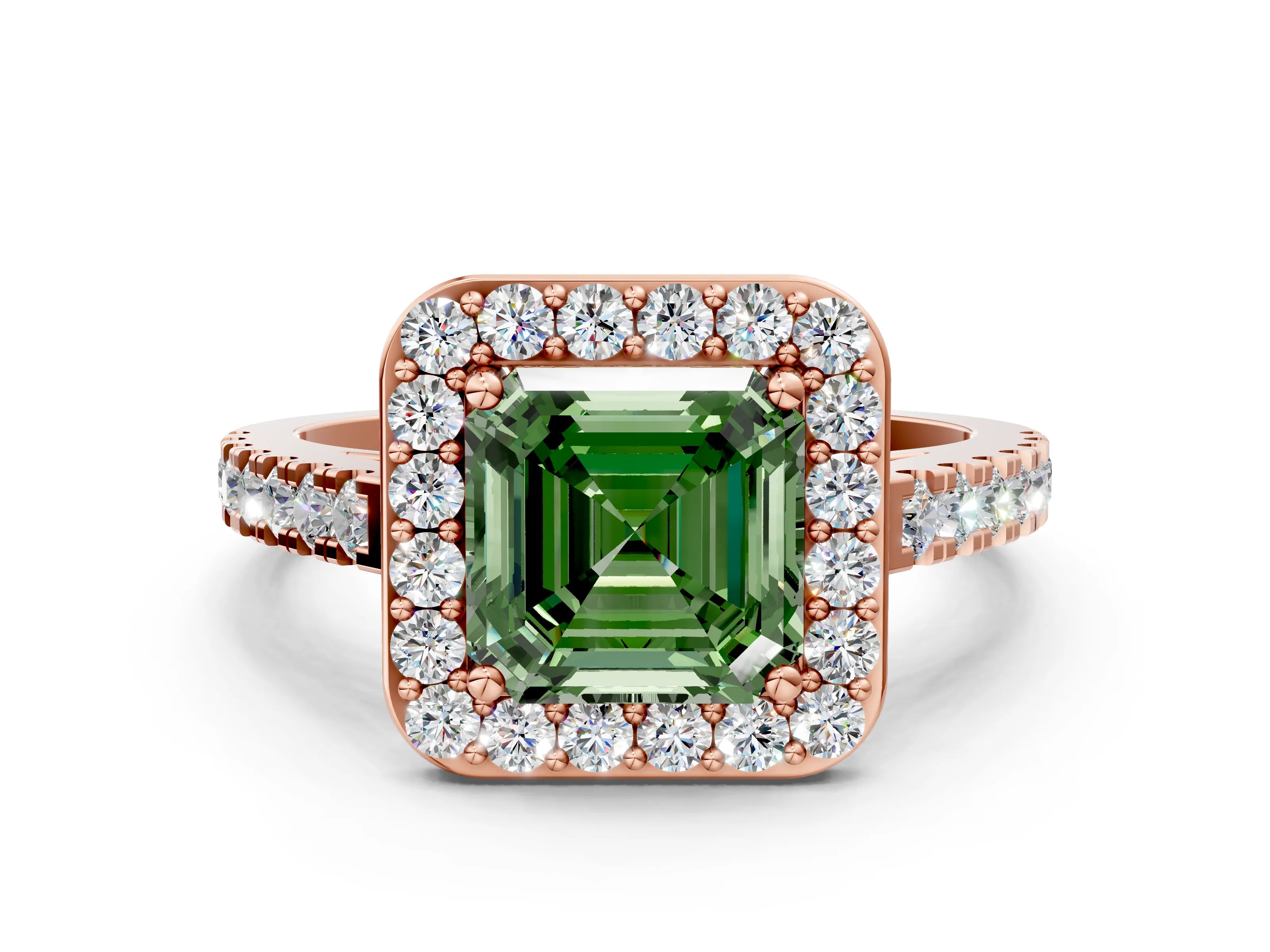 Rose gold Fancy Green Asscher Cut Halo Diamond Ring with Pavé Band and Three-Prong Setting