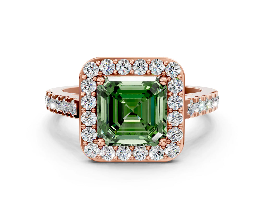 Rose gold Fancy Green Asscher Cut Halo Diamond Ring with Pavé Band and Three-Prong Setting