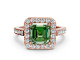 Rose gold Fancy Green Asscher Cut Halo Diamond Ring with Pavé Band and Three-Prong Setting