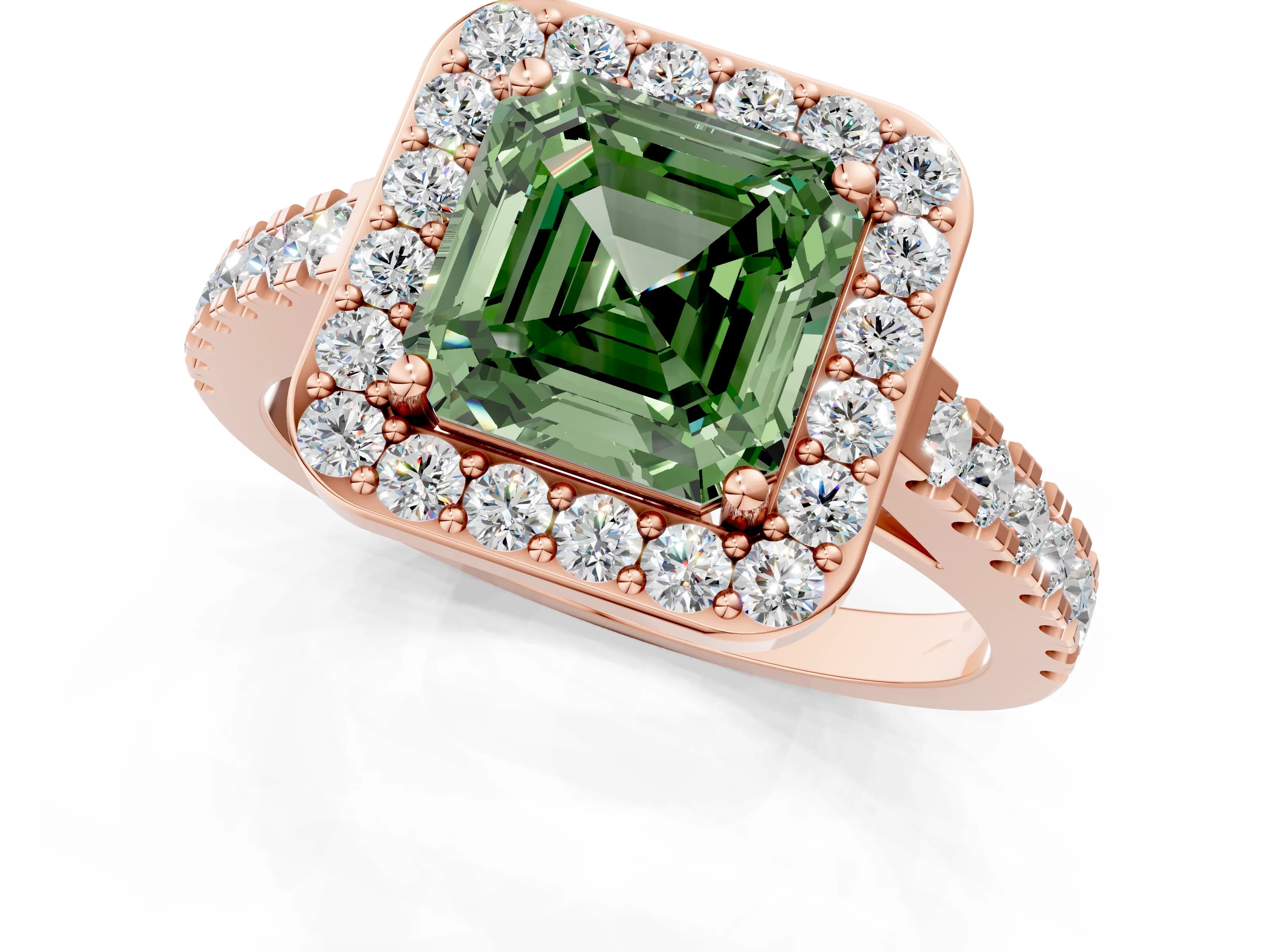 Rose gold Fancy Green Asscher Cut Halo Diamond Ring with Pavé Band and Three-Prong Setting_1