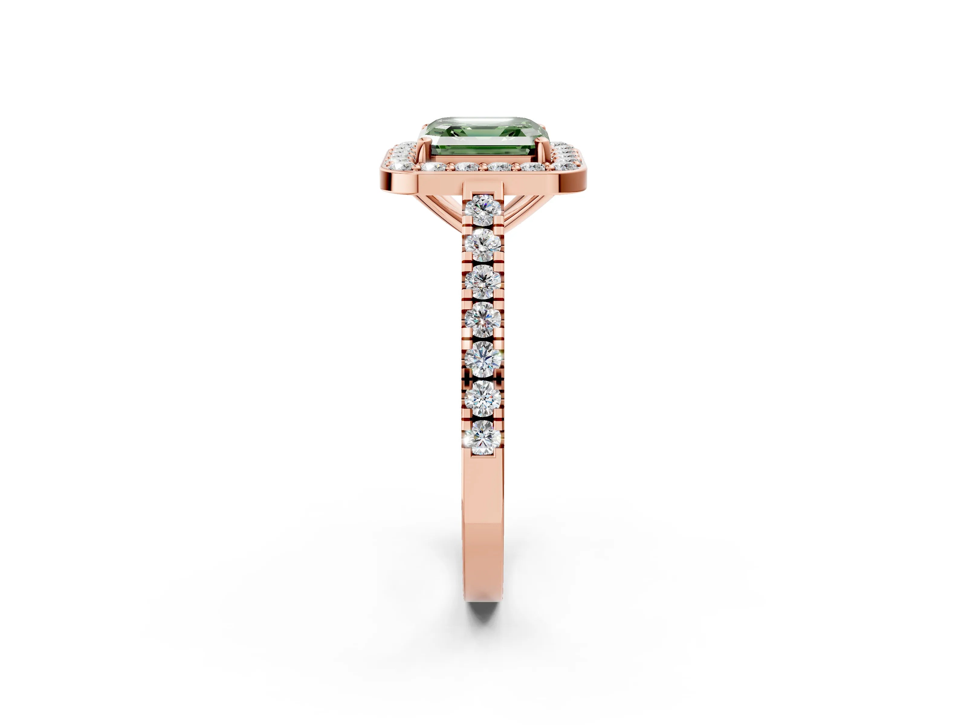 Rose gold Fancy Green Asscher Cut Halo Diamond Ring with Pavé Band and Three-Prong Setting_2
