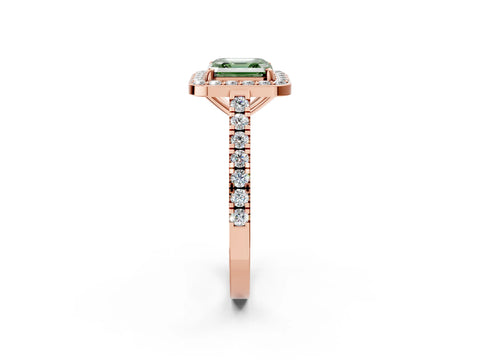 Rose gold Fancy Green Asscher Cut Halo Diamond Ring with Pavé Band and Three-Prong Setting_2