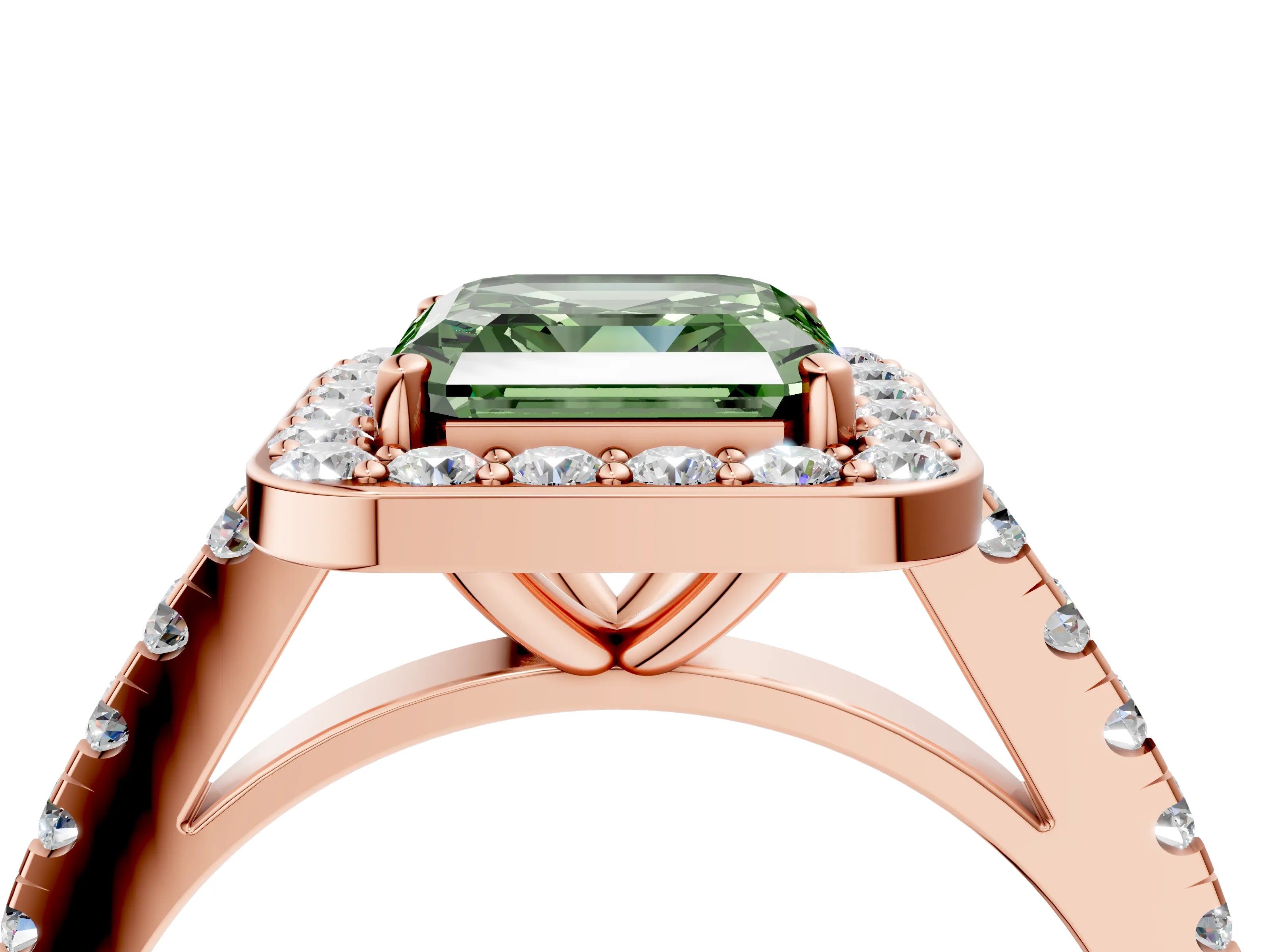 Rose gold Fancy Green Asscher Cut Halo Diamond Ring with Pavé Band and Three-Prong Setting_4
