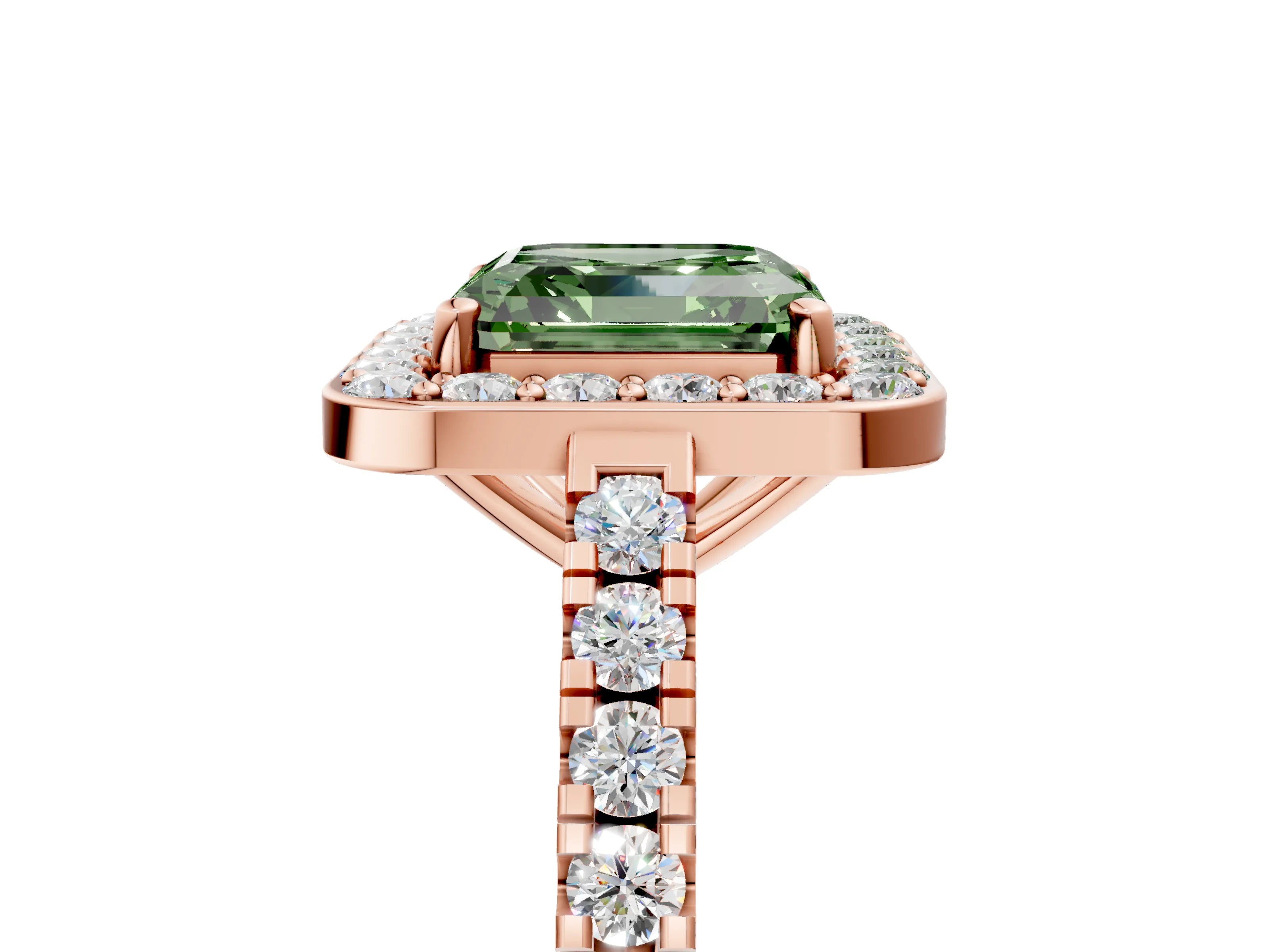 Rose gold Fancy Green Asscher Cut Halo Diamond Ring with Pavé Band and Three-Prong Setting_5