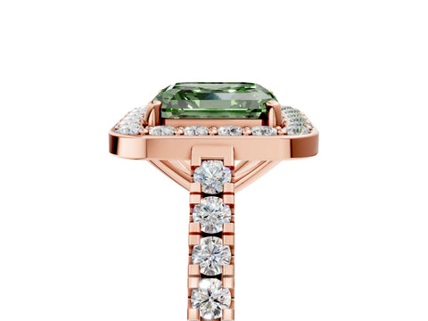 Rose gold Fancy Green Asscher Cut Halo Diamond Ring with Pavé Band and Three-Prong Setting_5
