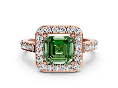 Rose gold Fancy Green Asscher Cut Halo Diamond Ring with Pavé Band and Three-Prong Setting
