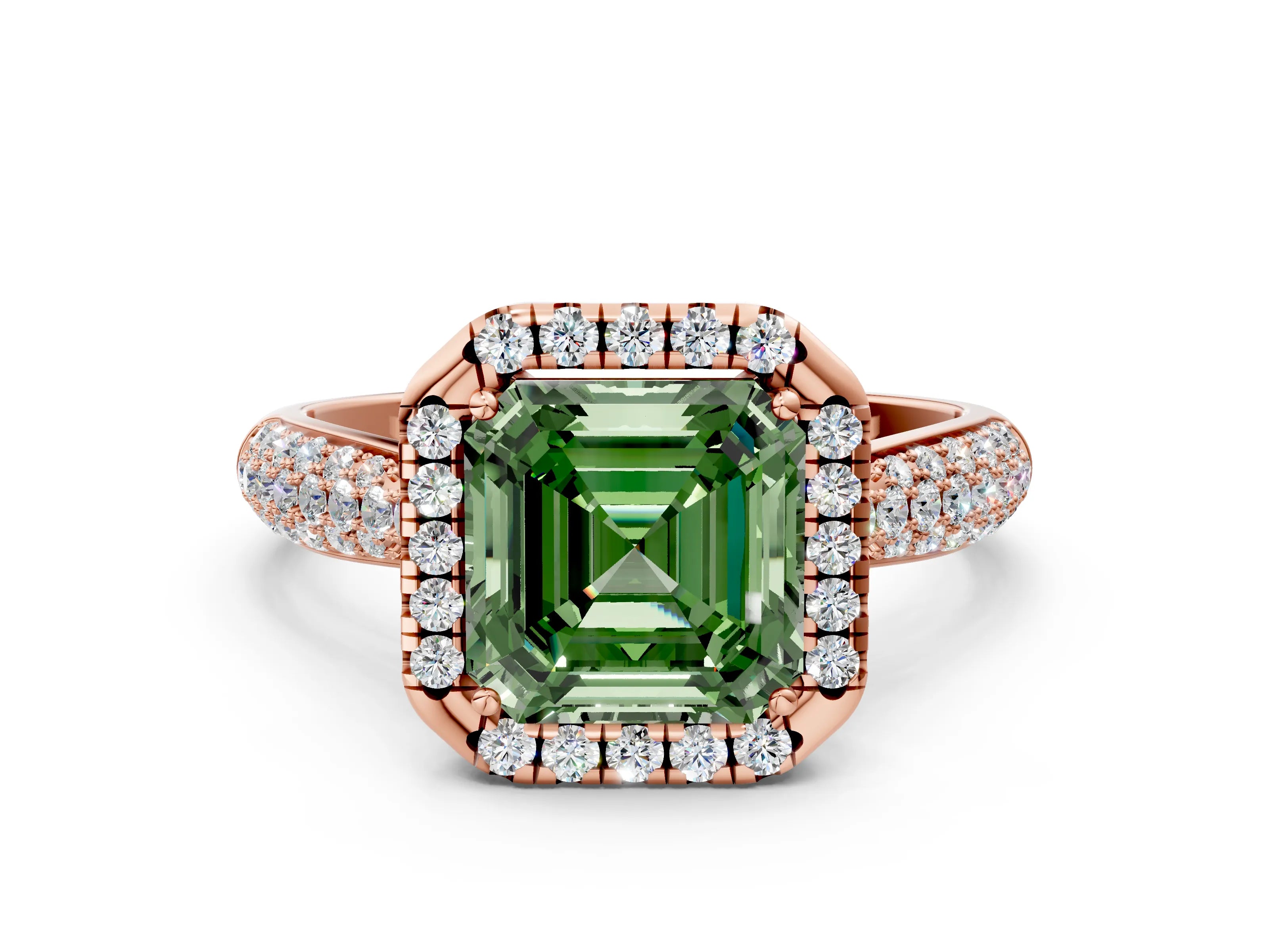 Rose gold Fancy Green Asscher Cut Halo Diamond Ring with Pavé Band