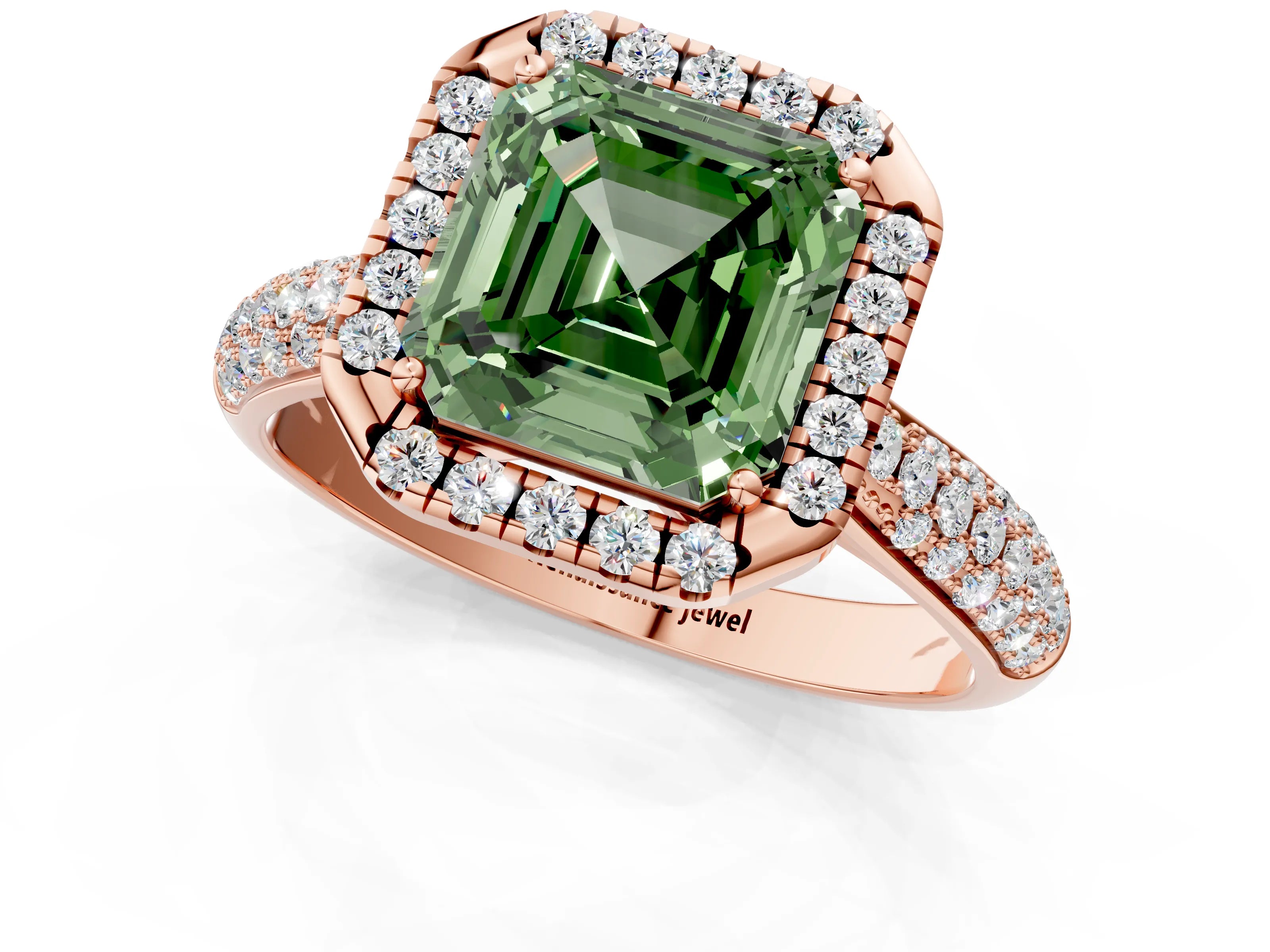 Rose gold Fancy Green Asscher Cut Halo Diamond Ring with Pavé Band_1