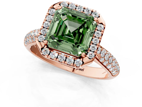 Rose gold Fancy Green Asscher Cut Halo Diamond Ring with Pavé Band_1