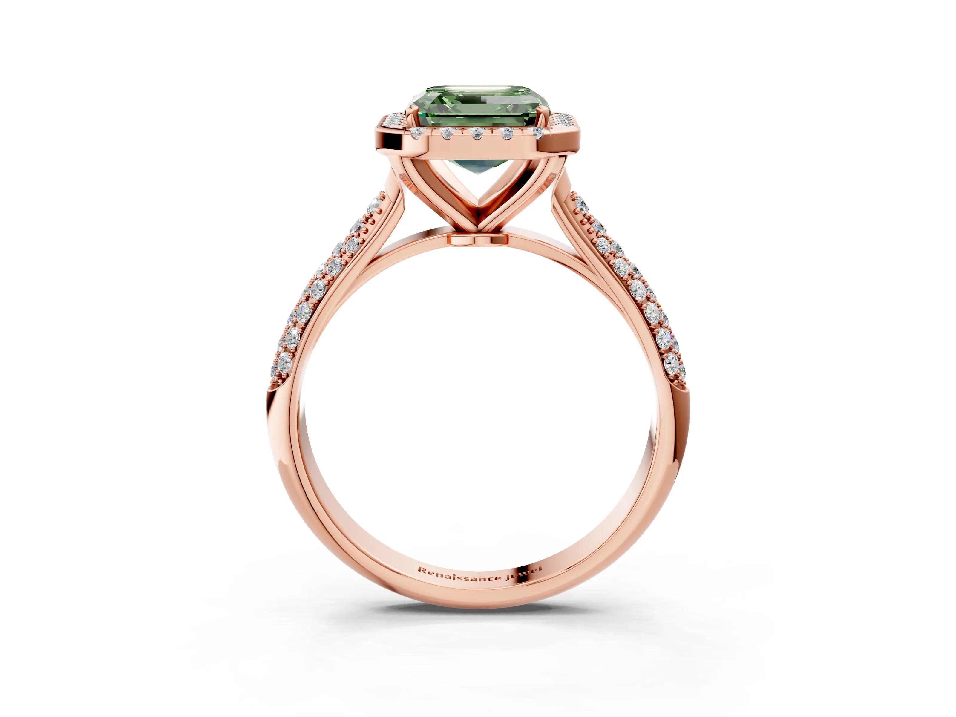 Rose gold Fancy Green Asscher Cut Halo Diamond Ring with Pavé Band_3