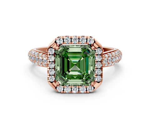 Rose gold Fancy Green Asscher Cut Halo Diamond Ring with Pavé Band
