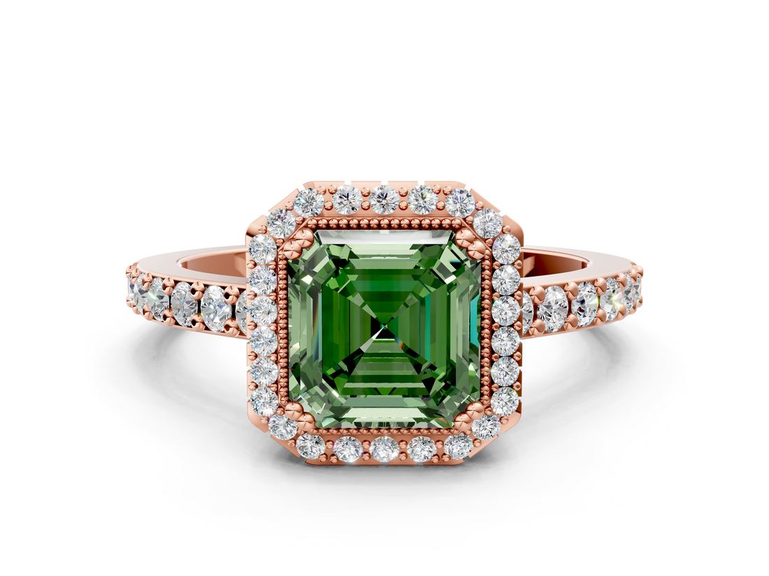 Rose gold Fancy Green Asscher  Cut Halo Diamond Ring with Pave Band and Four-Prong Setting_17