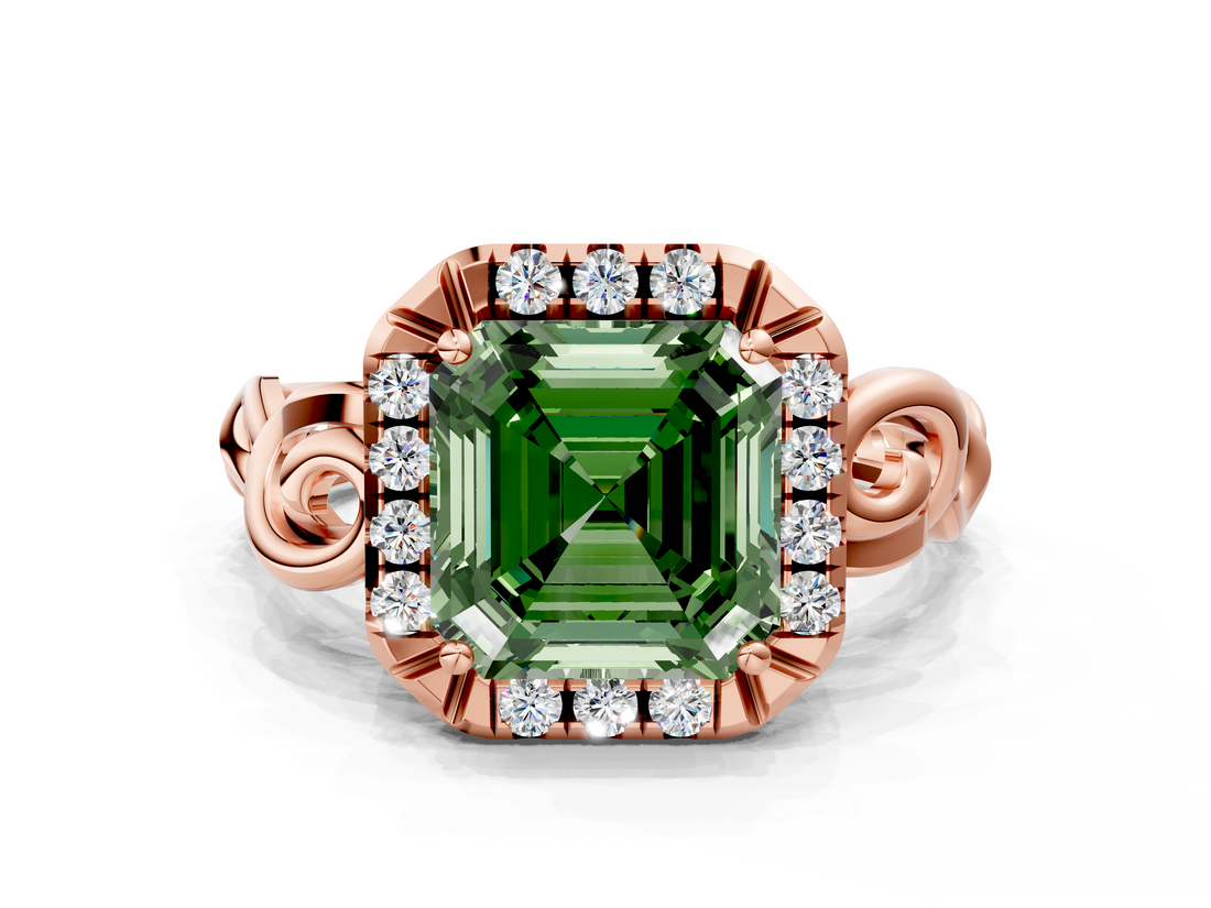 Rose gold Fancy Green Asscher  Cut Halo Diamond Ring with Scrollwork Band and Four-Prong Setting