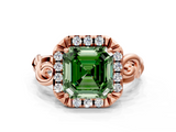 Rose gold Fancy Green Asscher  Cut Halo Diamond Ring with Scrollwork Band and Four-Prong Setting