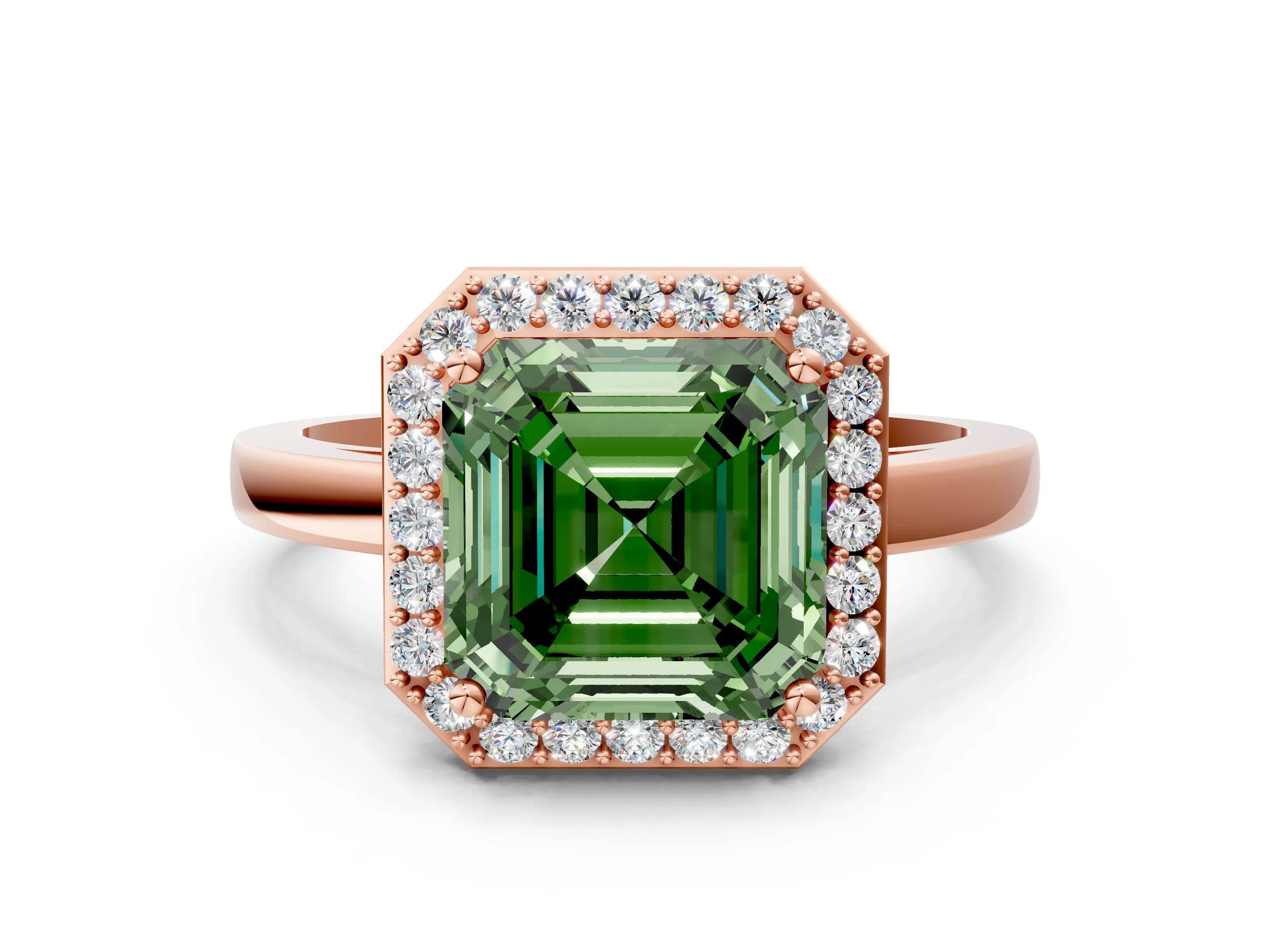 Rose gold Fancy Green Asscher Cut Halo Diamond Ring with Solitaire Band and Prong Setting