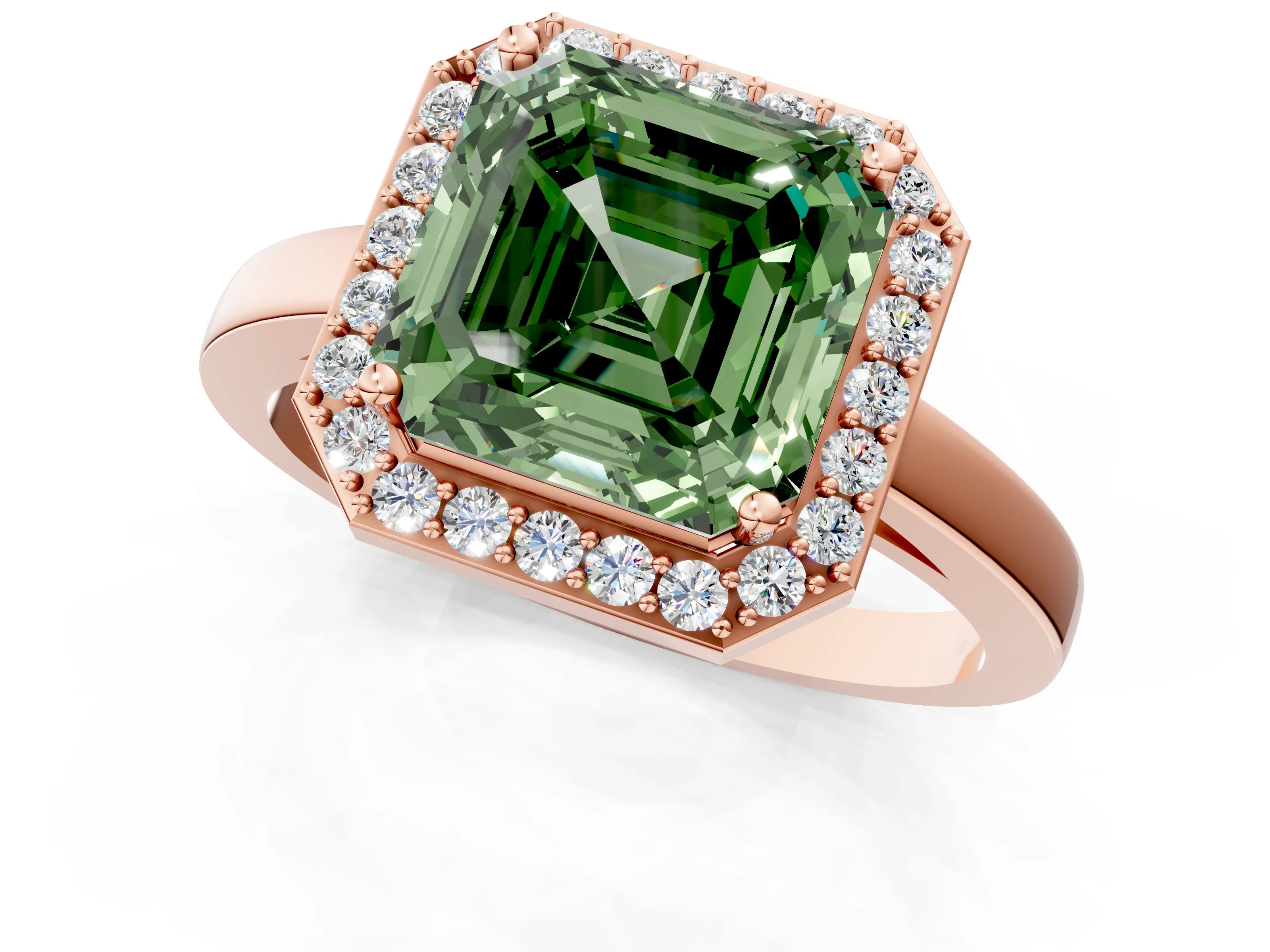 Rose gold Fancy Green Asscher Cut Halo Diamond Ring with Solitaire Band and Prong Setting_1