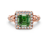 Rose gold Fancy Green Asscher Cut Halo Diamond Solitaire with Filigree Band and Four-Prong Setting