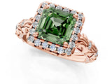 Rose gold Fancy Green Asscher Cut Halo Diamond Solitaire with Filigree Band and Four-Prong Setting_1