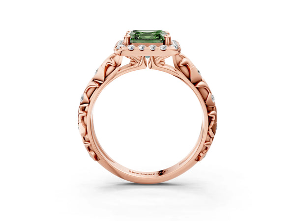 Rose Gold Asscher Cut Halo Engagement Ring Setting for Fancy Green Center with Leaf Band