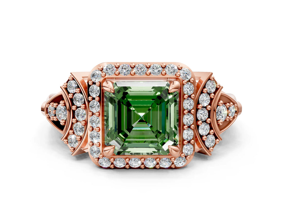 Rose gold Fancy Green Asscher Cut Halo Diamond Split Shank Engagement Ring with Four-Prong Setting