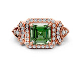 Rose gold Fancy Green Asscher Cut Halo Diamond Split Shank Engagement Ring with Four-Prong Setting
