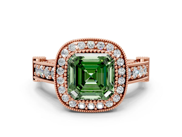 Rose Gold Asscher Cut Vintage Bezel Halo Engagement Ring Setting for Fancy Green Center