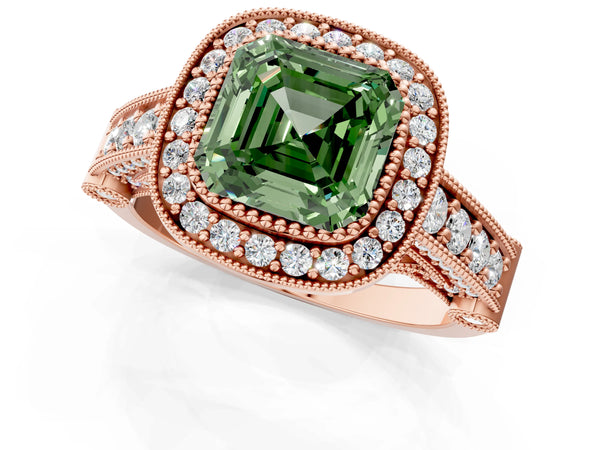 Rose Gold Asscher Cut Vintage Bezel Halo Engagement Ring Setting for Fancy Green Center