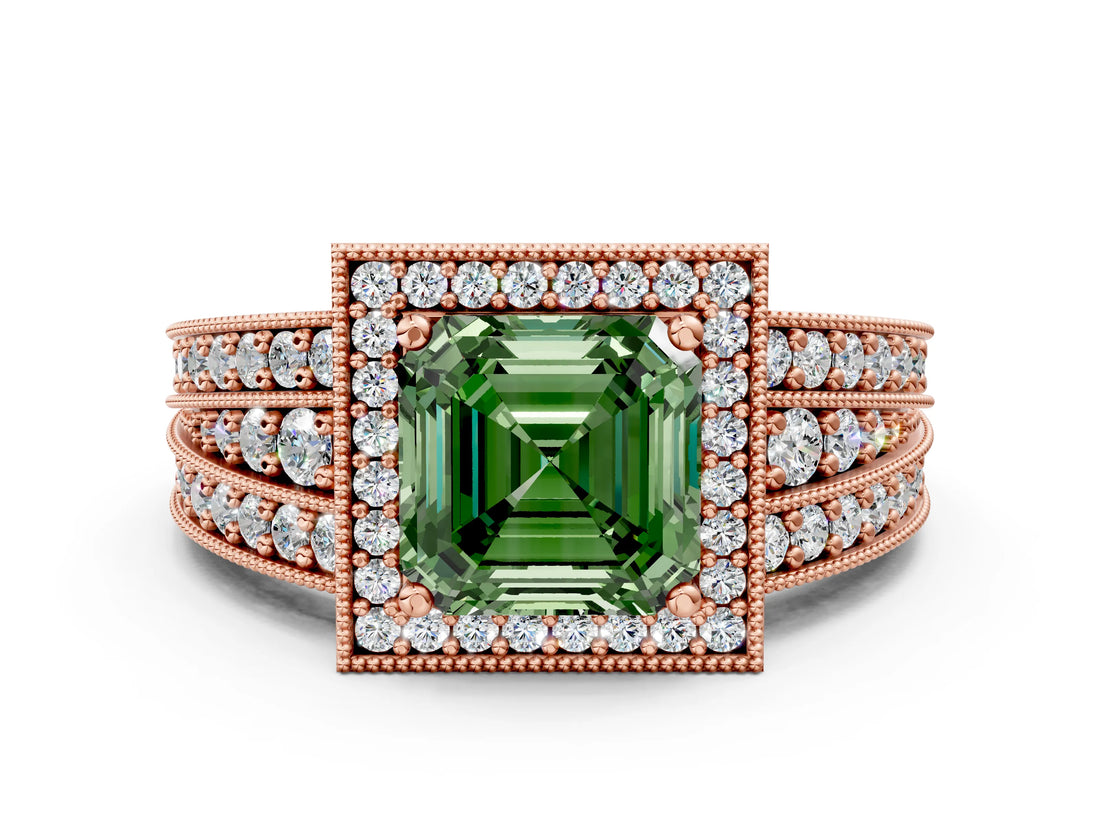 Rose gold Fancy Green Asscher Cut Halo Diamond Split Shank Ring with Prong Setting