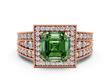 Rose gold Fancy Green Asscher Cut Halo Diamond Split Shank Ring with Prong Setting