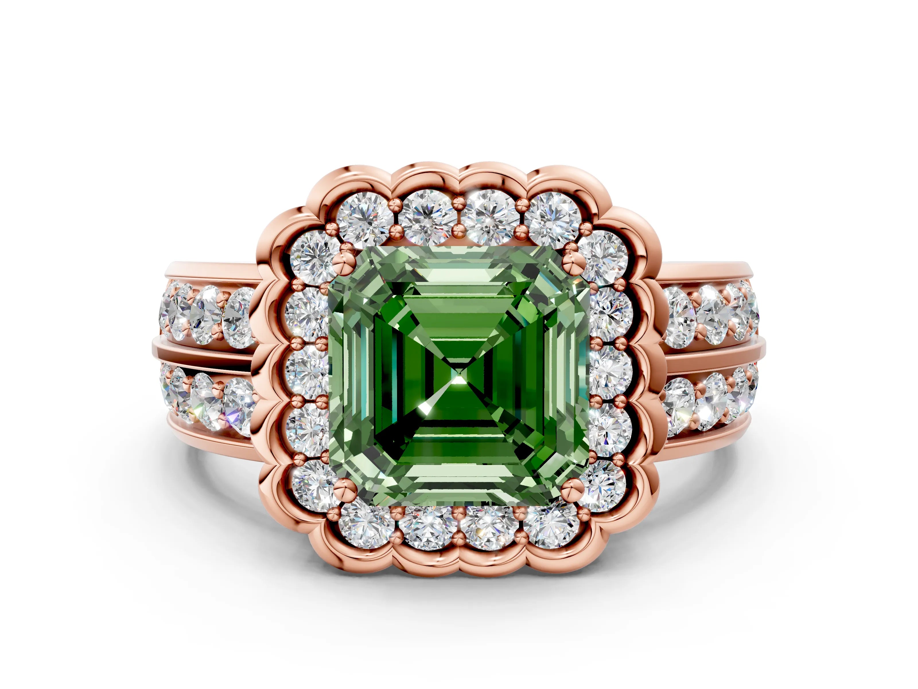 Rose gold Fancy Green Asscher Cut Halo Diamond Split Shank Ring with Scalloped Prong Setting