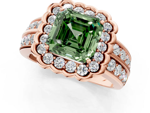 Rose gold Fancy Green Asscher Cut Halo Diamond Split Shank Ring with Scalloped Prong Setting_1