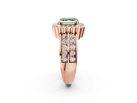 Rose gold Fancy Green Asscher Cut Halo Diamond Split Shank Ring with Scalloped Prong Setting_2