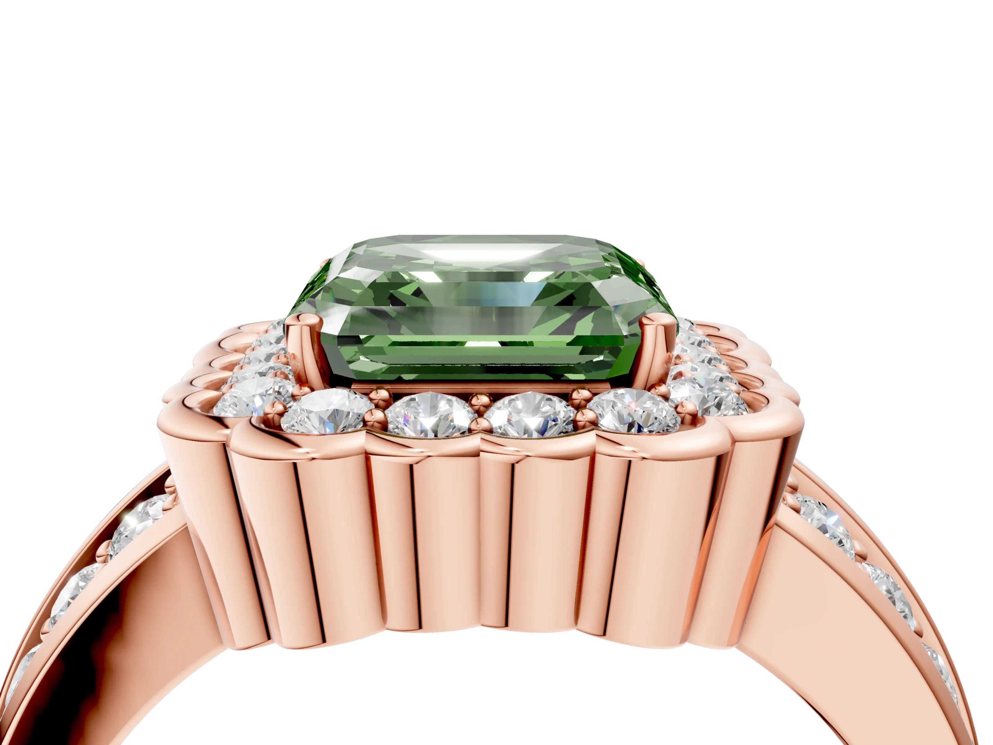 Rose gold Fancy Green Asscher Cut Halo Diamond Split Shank Ring with Scalloped Prong Setting_4