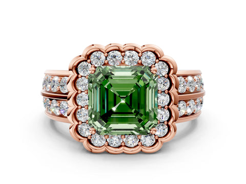Rose gold Fancy Green Asscher Cut Halo Diamond Split Shank Ring with Scalloped Prong Setting