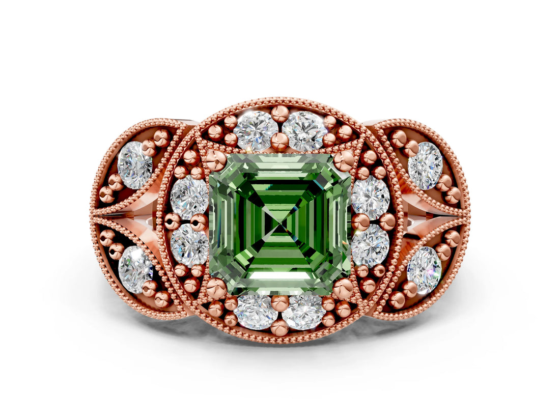 Rose gold Fancy Green Asscher Cut Halo Milgrain Diamond Engagement Ring with Leaf Band and Four-Prong Setting