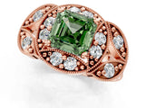 Rose gold Fancy Green Asscher Cut Halo Milgrain Diamond Engagement Ring with Leaf Band and Four-Prong Setting_1