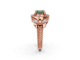 Rose gold Fancy Green Asscher Cut Halo Milgrain Diamond Engagement Ring with Leaf Band and Four-Prong Setting_2