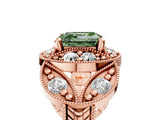 Rose gold Fancy Green Asscher Cut Halo Milgrain Diamond Engagement Ring with Leaf Band and Four-Prong Setting_5
