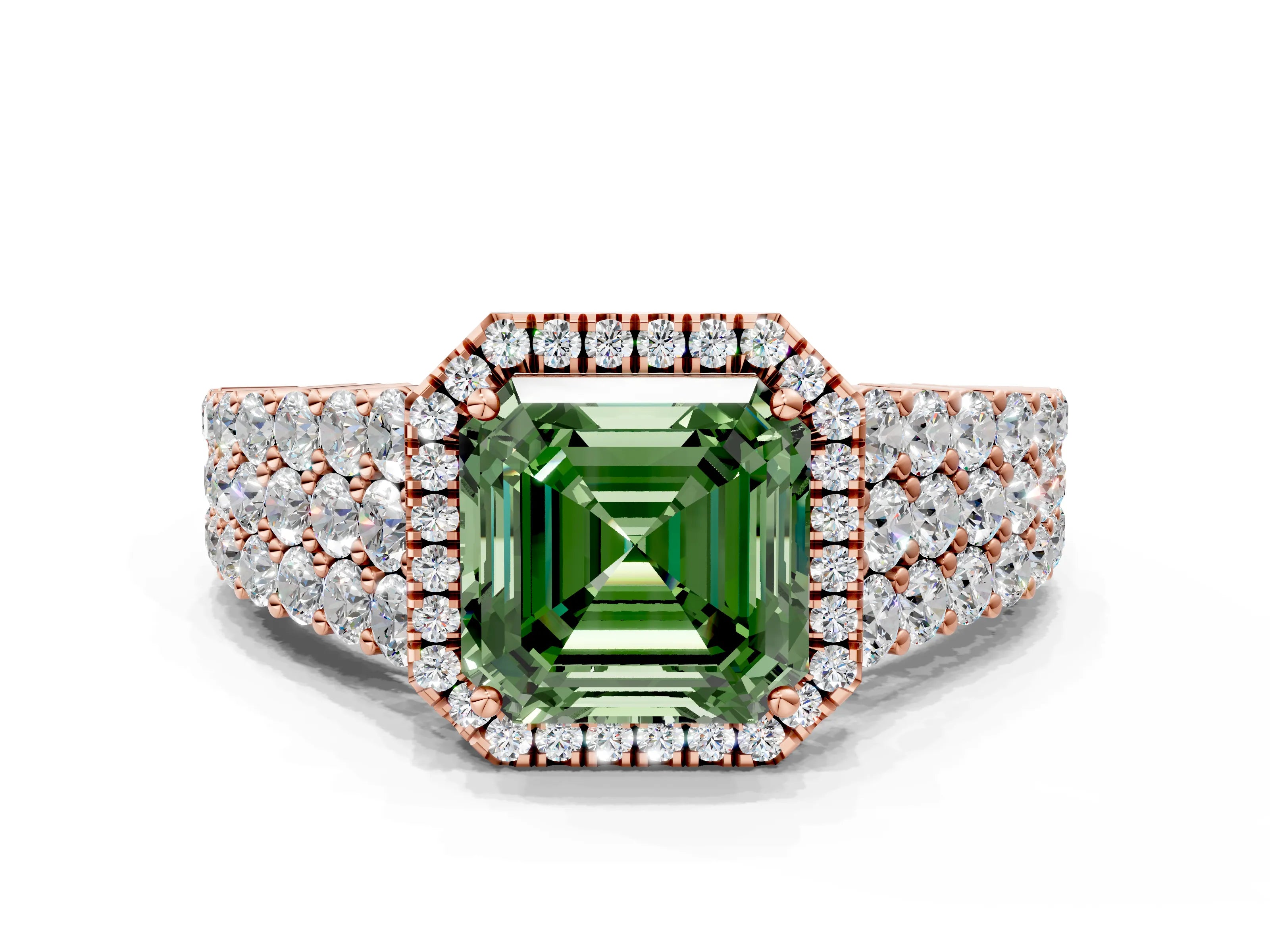 Rose gold Fancy Green Asscher Cut Halo Pavé Diamond Engagement Ring with Split Shank and Four-Prong Setting_3
