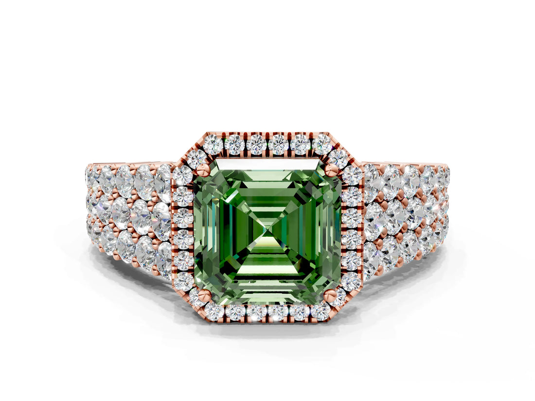 Rose gold Fancy Green Asscher Cut Halo Pavé Diamond Engagement Ring with Split Shank and Four-Prong Setting_3