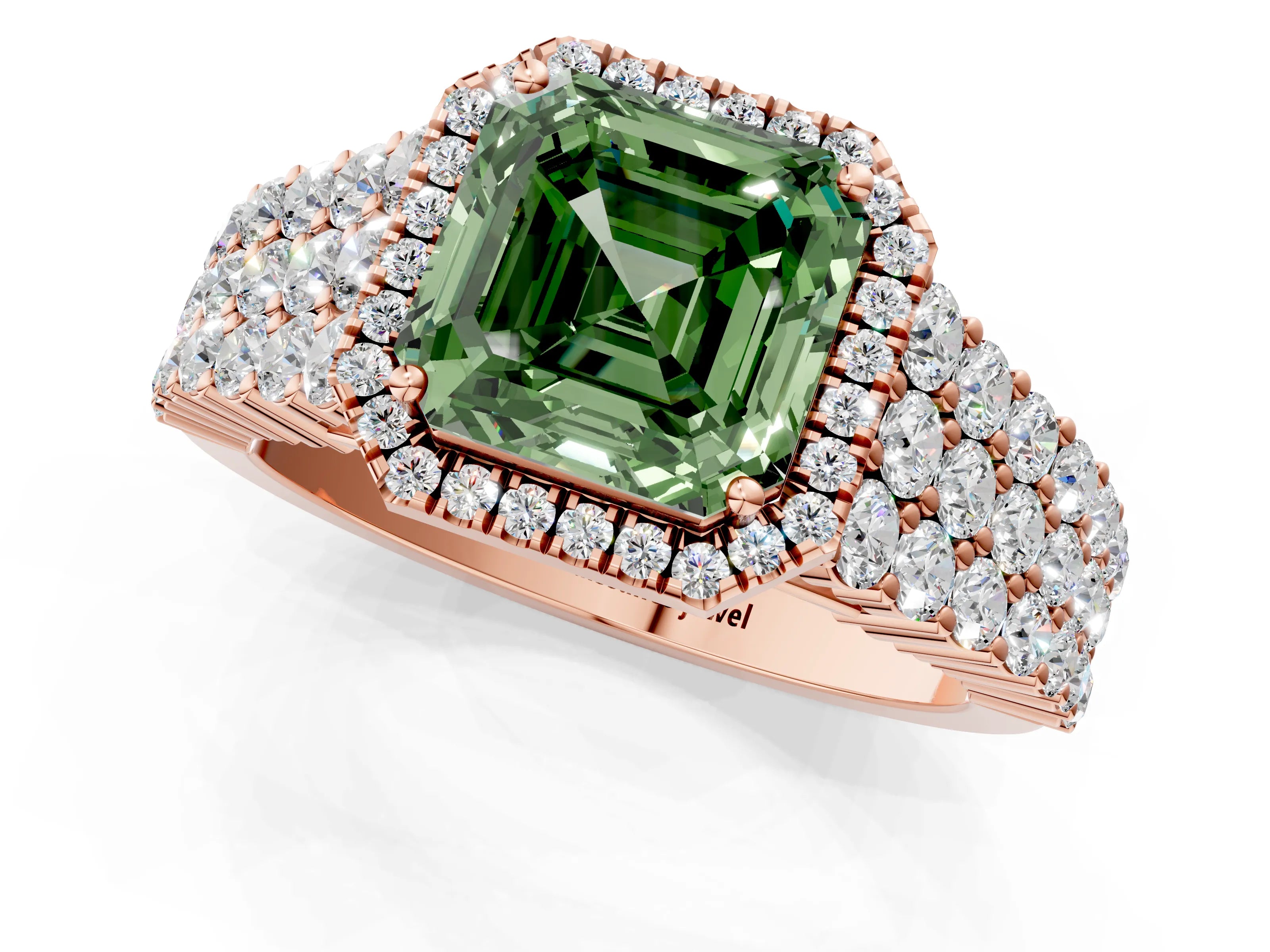 Rose gold Fancy Green Asscher Cut Halo Pavé Diamond Engagement Ring with Split Shank and Four-Prong Setting_4