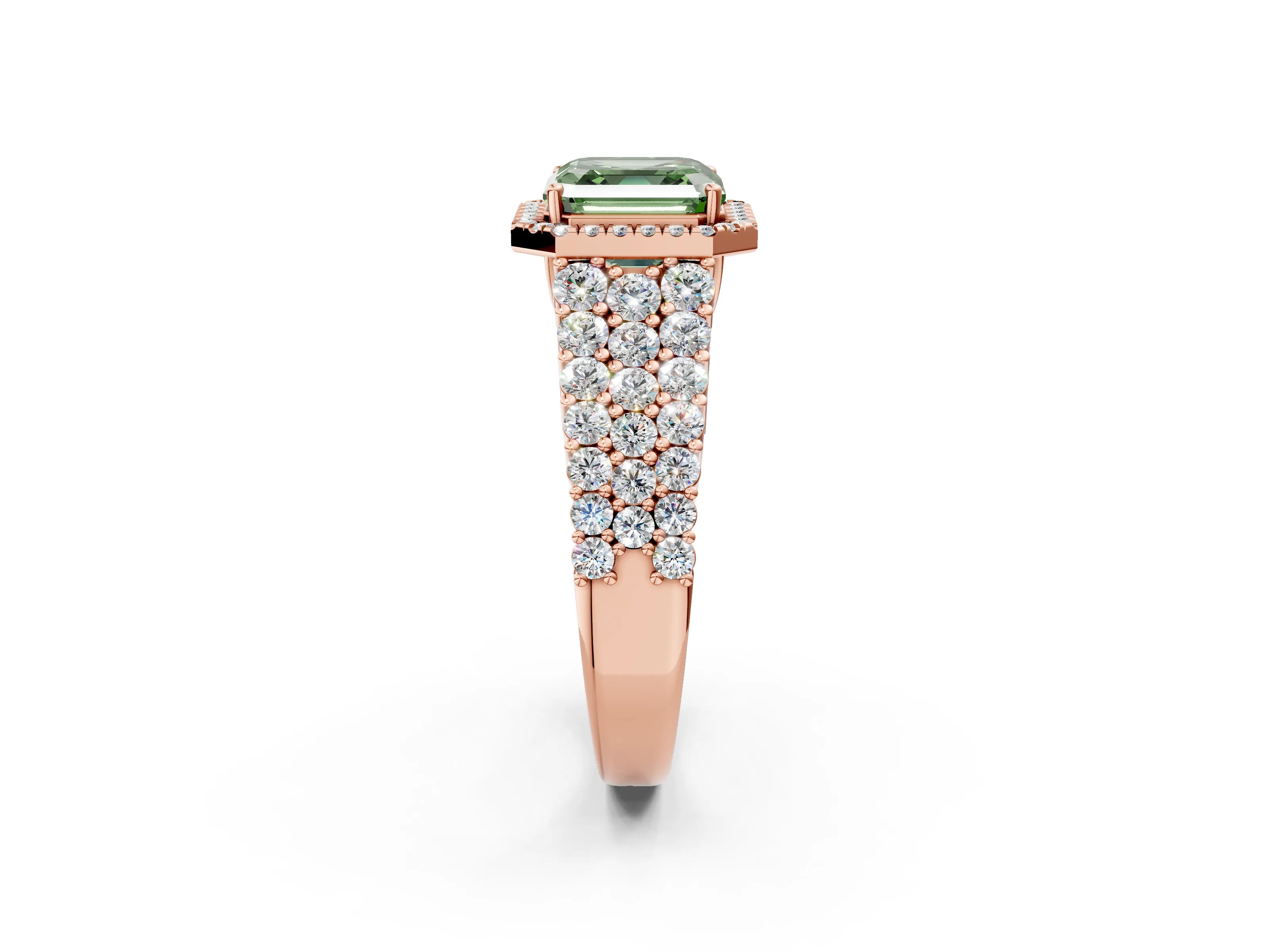 Rose gold Fancy Green Asscher Cut Halo Pavé Diamond Engagement Ring with Split Shank and Four-Prong Setting_5